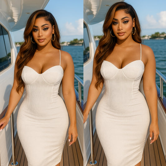 “Crushed” Ribbed Velvet Spaghetti Strap Midi Dress