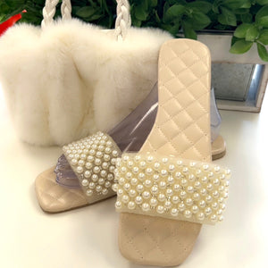 “Pearlie” Rhinestone & Pearl Ivory Flip Flop Slide Sandals