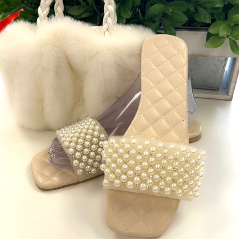 “Pearlie” Rhinestone & Pearl Ivory Flip Flop Slide Sandals