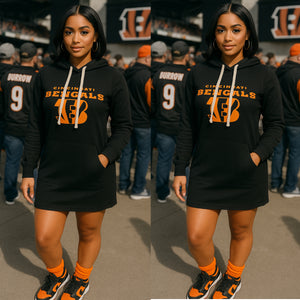 “Cincy Girl” Lightweight Black White Drawstring Loose Bengals Hoodie Dress
