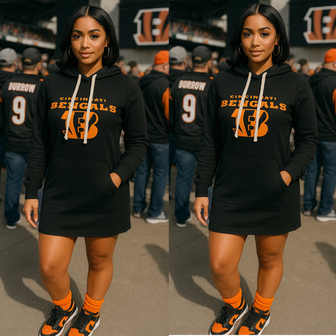 “Cincy Girl” Lightweight Black White Drawstring Loose Bengals Hoodie Dress