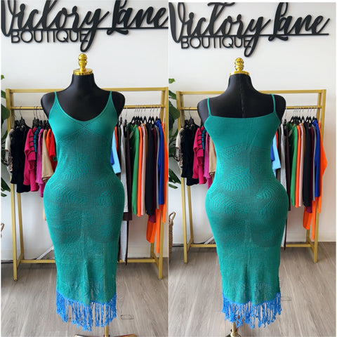“Danielle” Green Crochet Tassel Net Dress Coverup