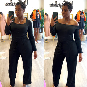“Spade” Ribbed Black 2 Piece Long Sleeve Bodysuit & wide Leg pant set