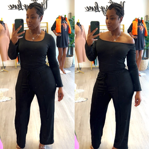 “Spade” Ribbed Black 2 Piece Long Sleeve Bodysuit & wide Leg pant set