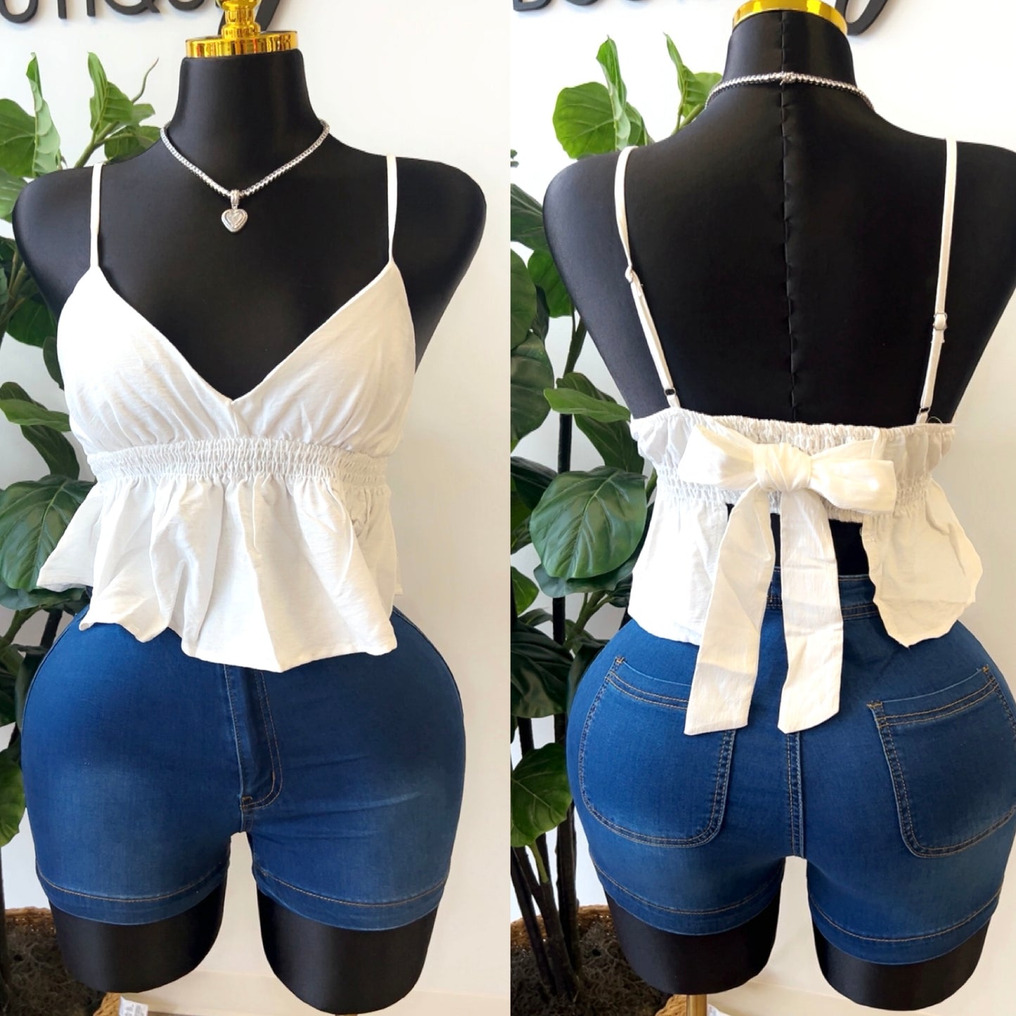 “Tammy” White Linen Bow Tie Spaghetti Strap Ruffle Crop Top