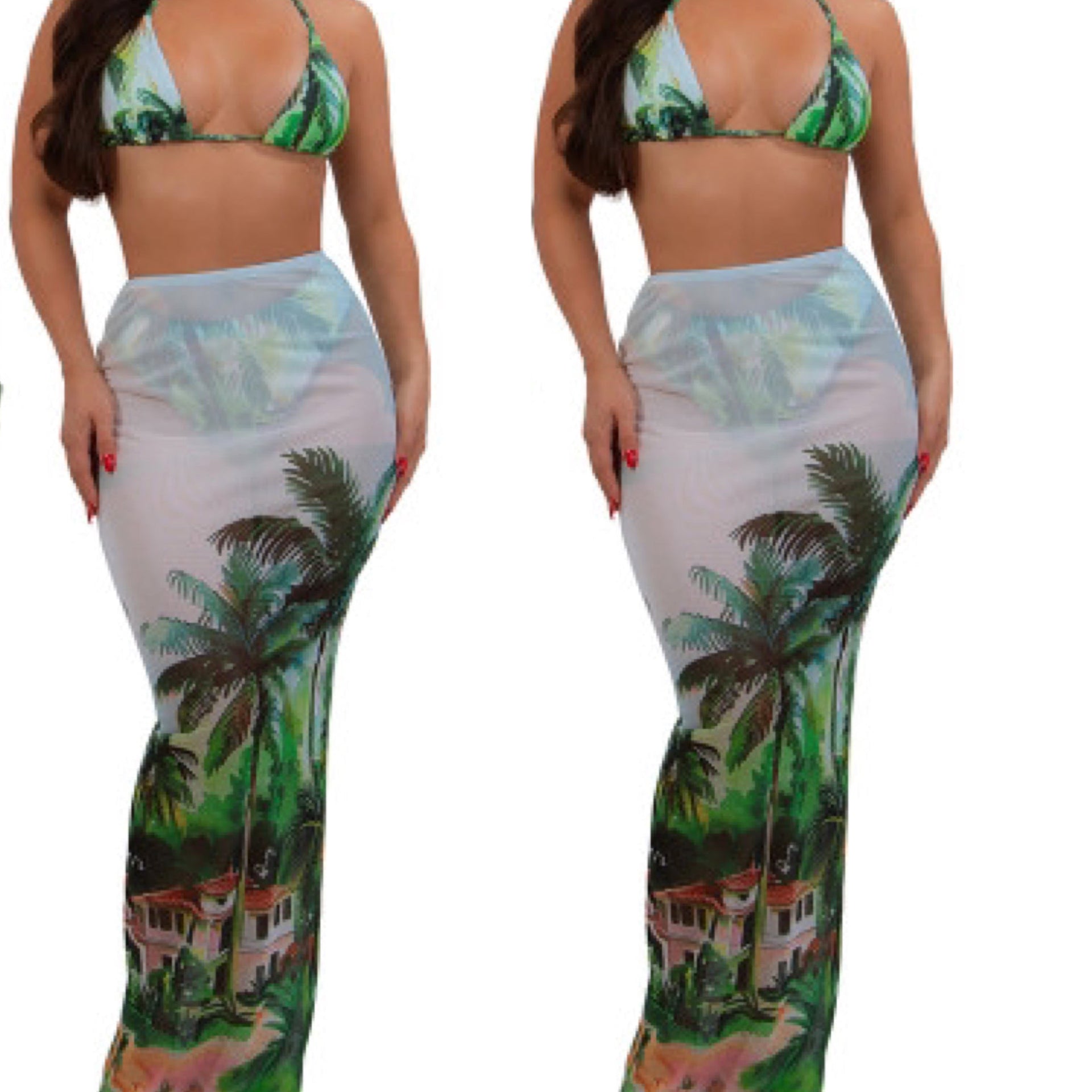 “Lexi” Mesh 3 Piece Graphic Print Bikini & Skirt Coverup Swimsuit