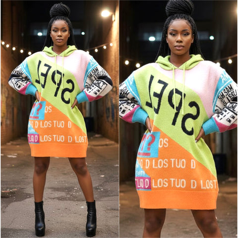 “Subway” Multicolor Hooded Sweater Dress