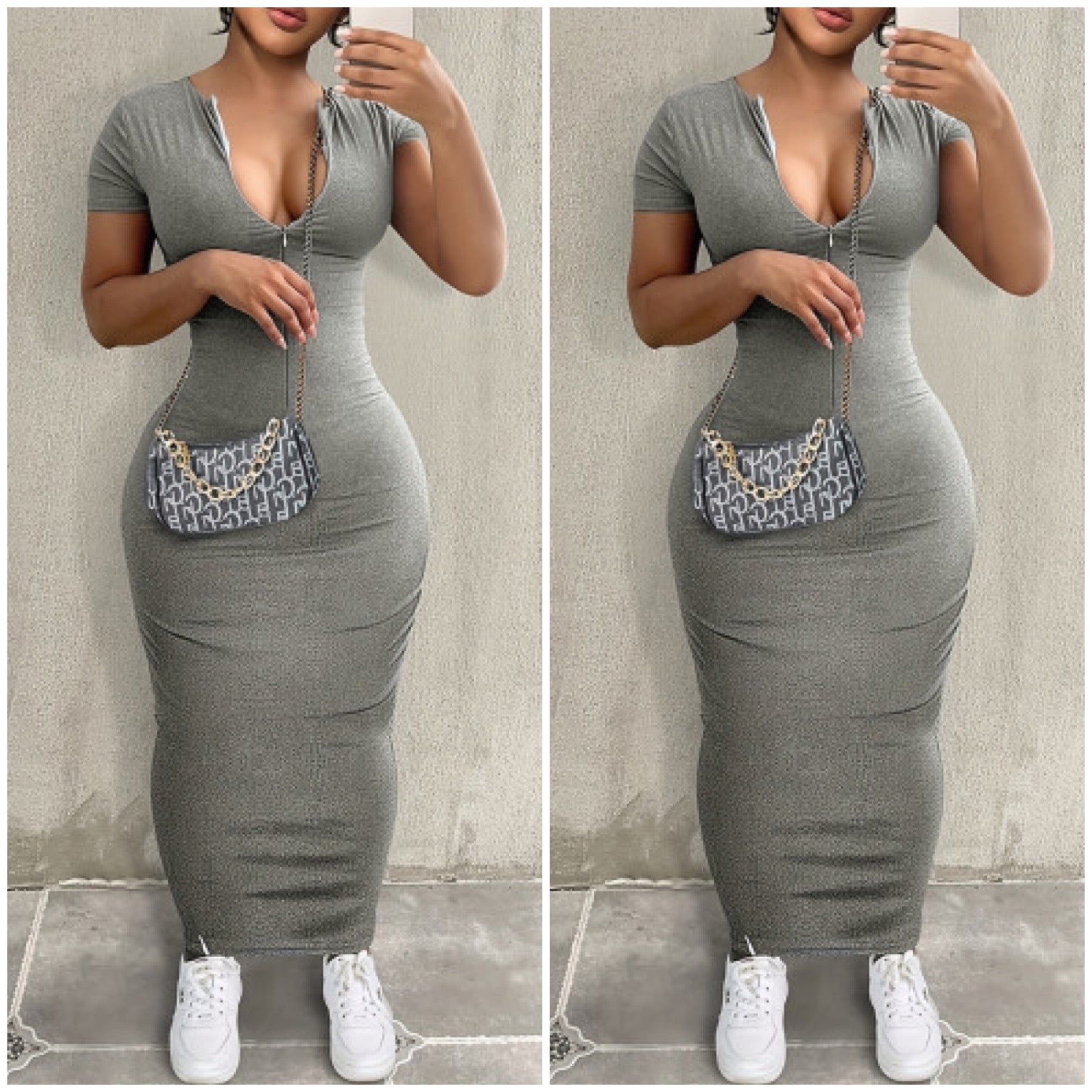 “Tommie” Gray Zip Short Sleeve Maxi Dress