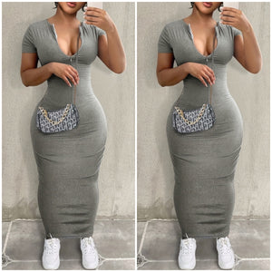 “Tommie” Gray Zip Short Sleeve Maxi Dress