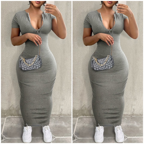 “Tommie” Gray Zip Short Sleeve Maxi Dress