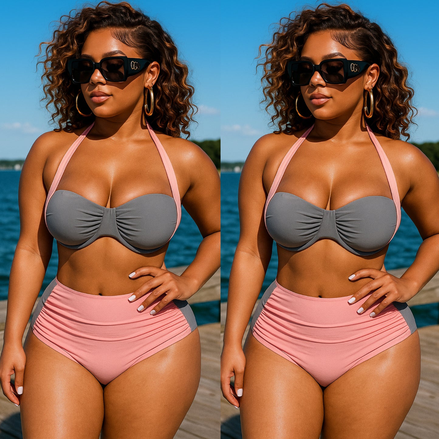 “Pinky” Halter High Waisted Color Block Baby Pink/Grey Bikini Swimsuit