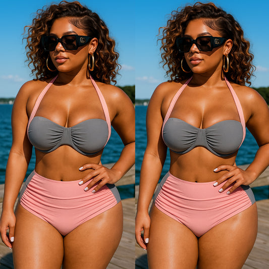 “Pinky” Halter High Waisted Color Block Baby Pink/Grey Bikini Swimsuit