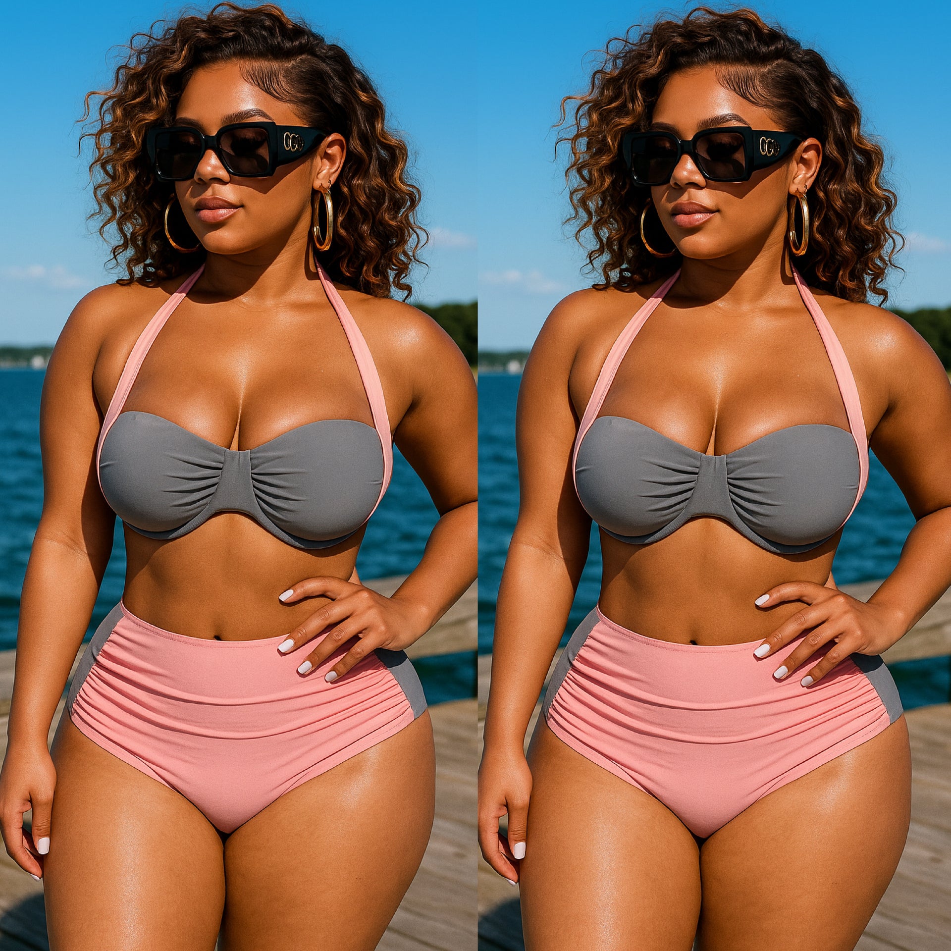 “Pinky” Halter High Waisted Color Block Baby Pink/Grey Bikini Swimsuit