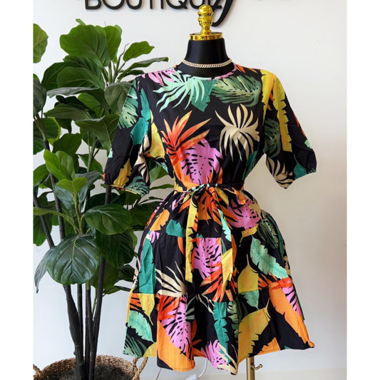 “Tropical Heaven” Multicolor Palm Leaf Short sleeve Short Belted Dress