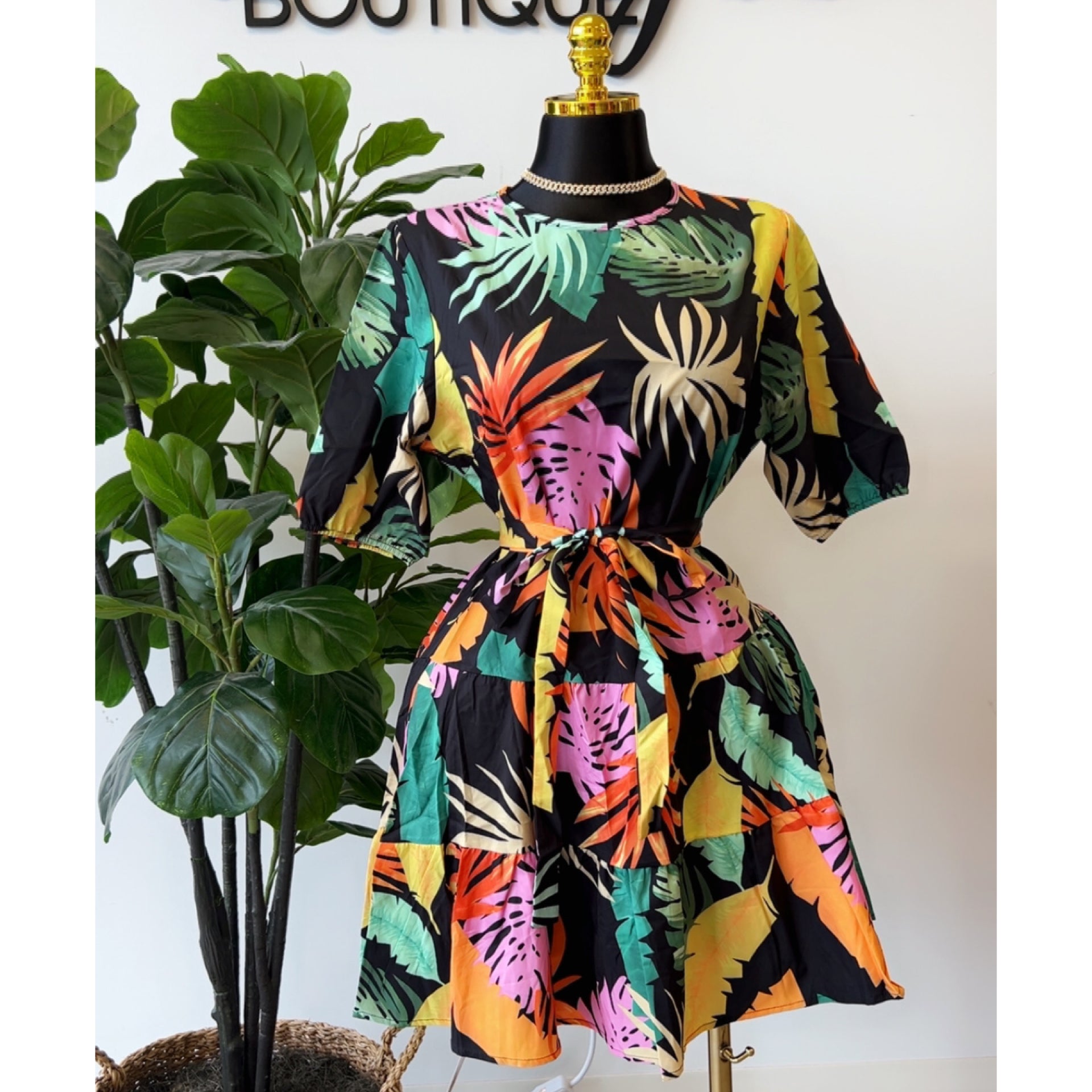 “Tropical Heaven” Multicolor Palm Leaf Short sleeve Short Belted Dress