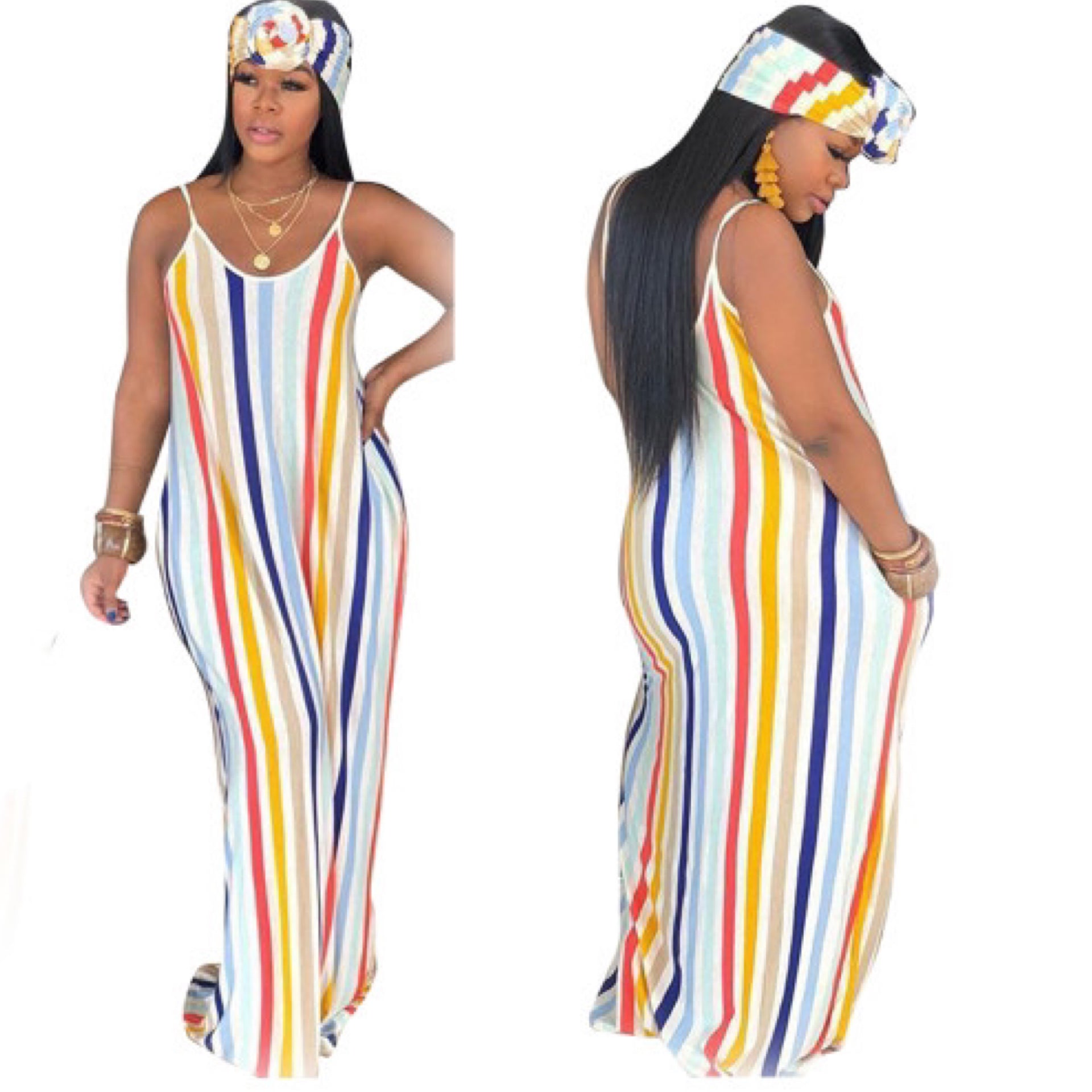 “Pinwheel” Stripe Spaghetti Strap Pocket Maxi Dress