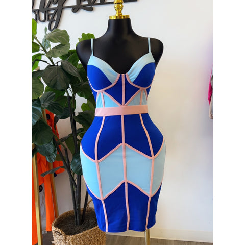 Blue Color block Spaghetti Strap Midi Dress