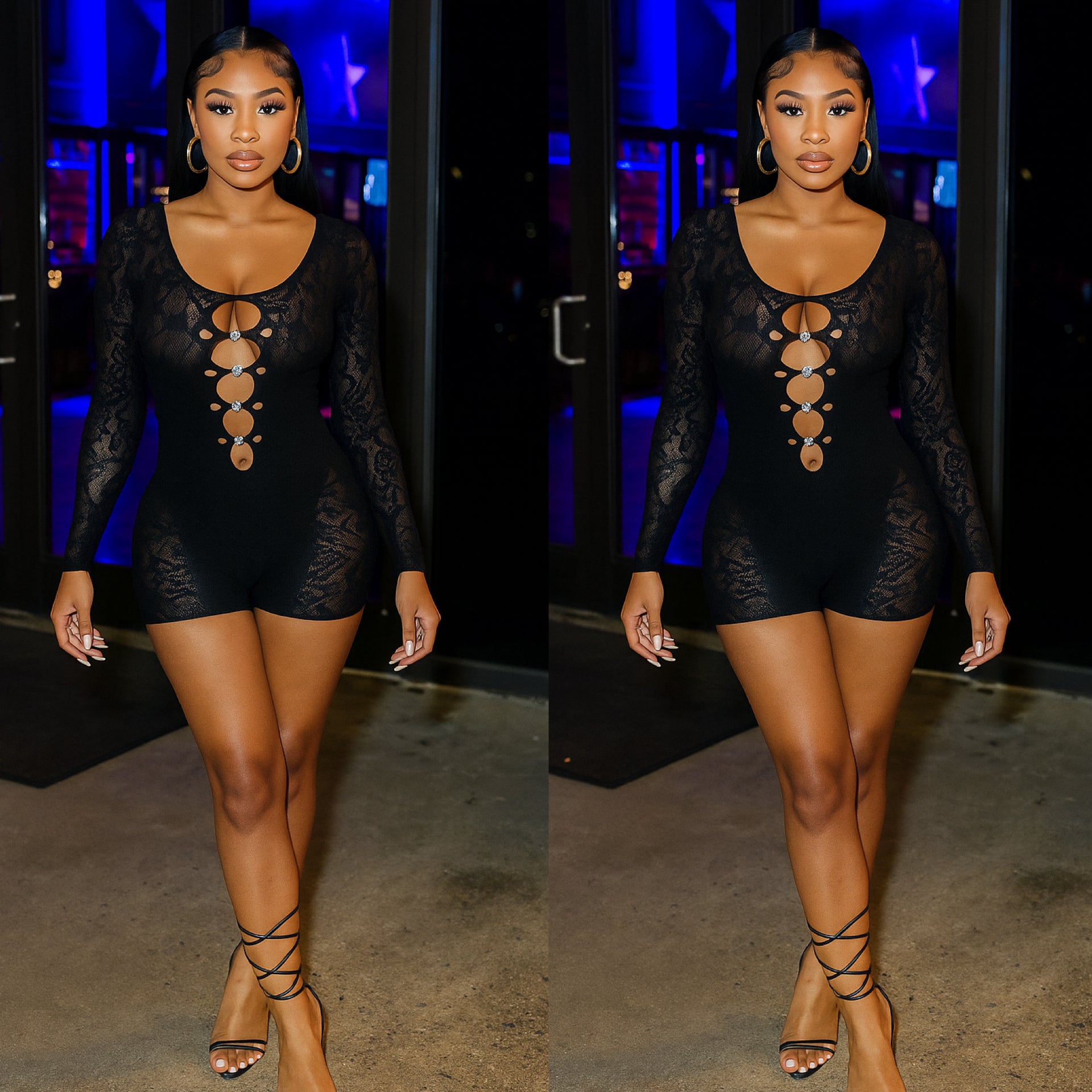 “Motion” Black Lace Rhinestone Accent Long Sleeve Romper