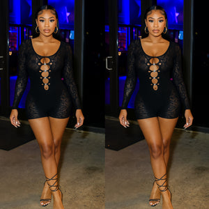 “Motion” Black Lace Rhinestone Accent Long Sleeve Romper