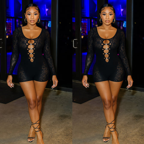 “Motion” Black Lace Rhinestone Accent Long Sleeve Romper