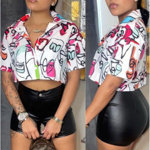 “Artist” Short Sleeve Graphic Button Down Crop Top