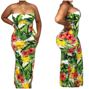 “Misty” Tropical Stretch Tube Maxi Dress