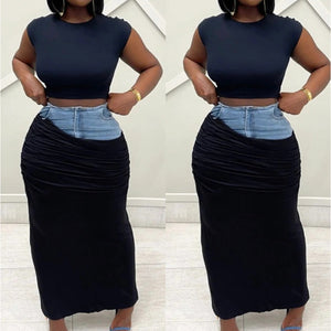 Denim Accent Black Wrap Maxi Skirt