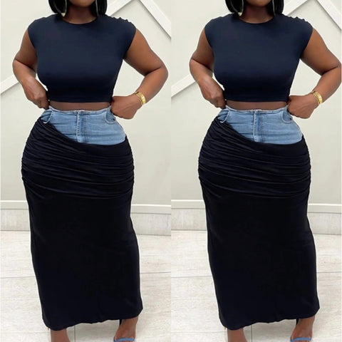 Denim Accent Black Wrap Maxi Skirt
