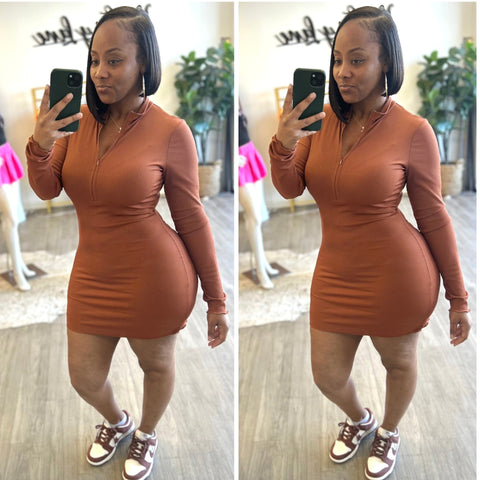 “Macy” Ribbed Long Sleeve Zip Mini Dress