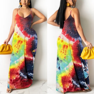 “Blossom” Tie Dye Pocket Spaghetti Strap Maxi Dress with Scarf