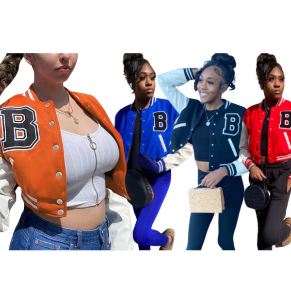 Cropped Letter B Vinyl Sleeve Varsity Jacket