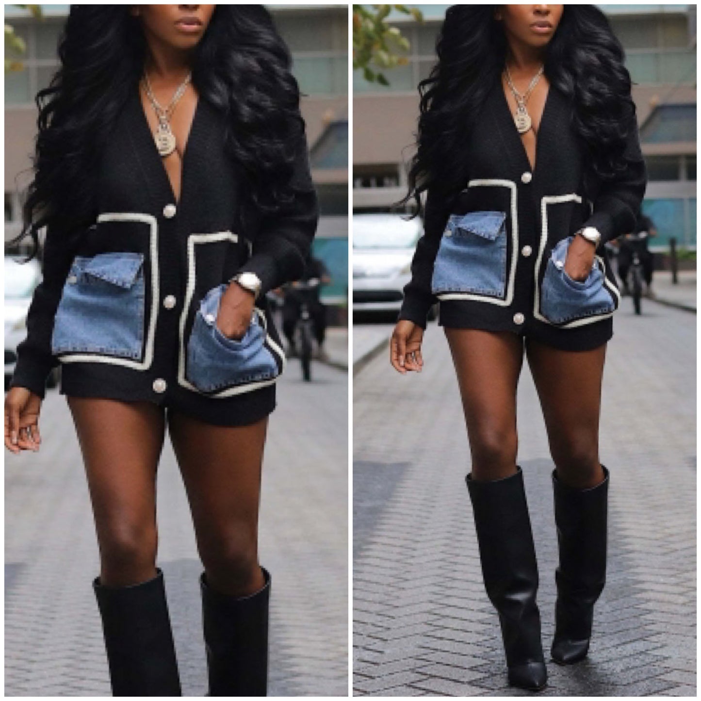 “Dionna” Denim Pocket Cardigan Sweater