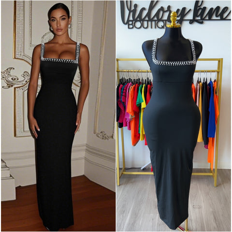 “Black Pearl” Black Sleeveless Pearl accent Maxi Dress