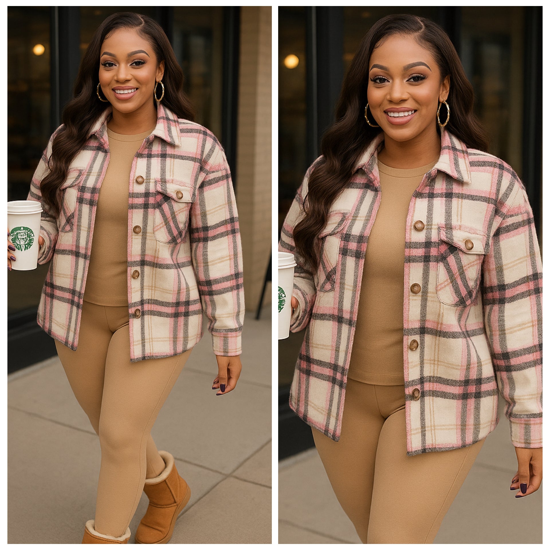 Pink/Tan Plaid Fleece Shacket