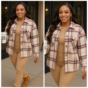Pink/Tan Plaid Fleece Shacket