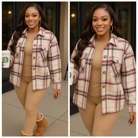 Pink/Tan Plaid Fleece Shacket