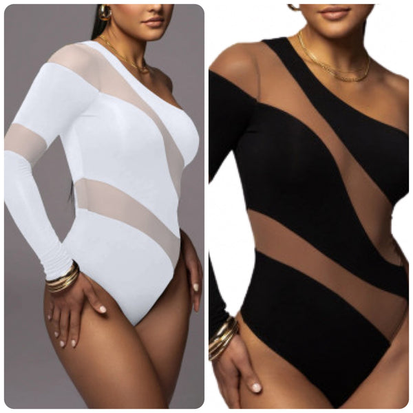 “Nyla” One Shoulder Long Sleeve Mesh Bodysuit