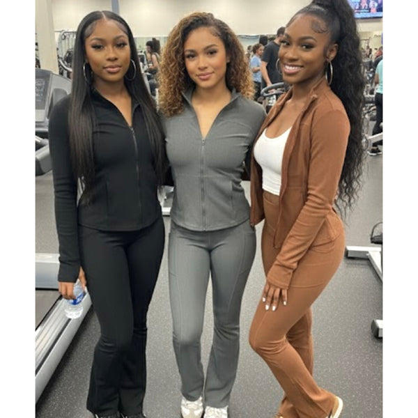 “Flex” Athletic Long Sleeve Thumb Hole Zip Jacket & Bell Pant 2 Piece Set