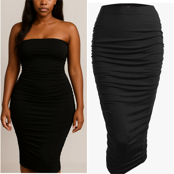“Keena” Black Scrunched Sides Versatile Tube Dress or Skirt