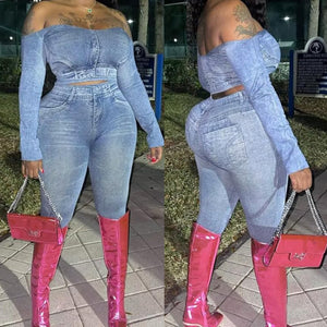 Denim Print 2 Piece Stretch Legging Long Sleeve Set