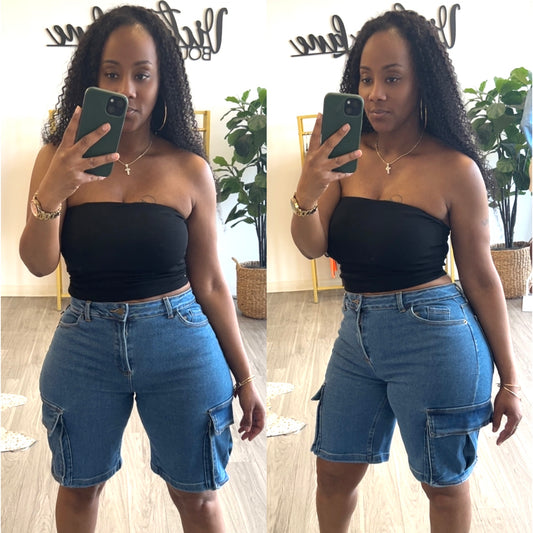 “Babe” Stretch Denim Cargo Medium Wash Bermuda Shorts