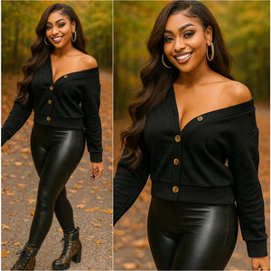 “Onyx” Black Button Long Sleeve Sweatshirt
