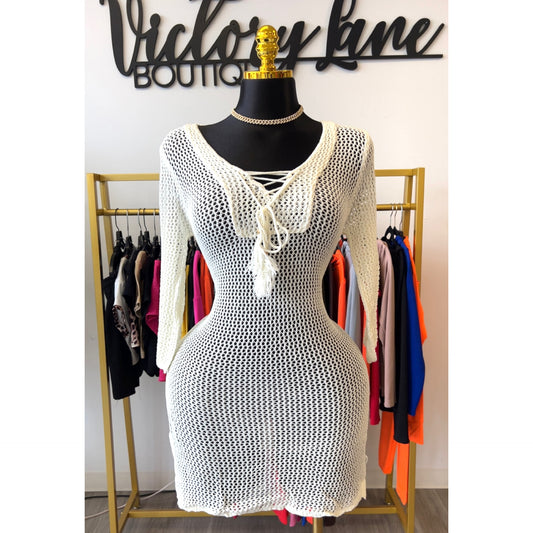 “Nettie” Cream Crochet Long Sleeve Swim coverup Dress Top