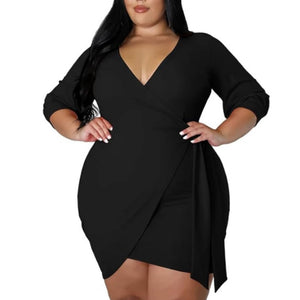 Black Stretch Wrap 3/4 Sleeve Mini Dress