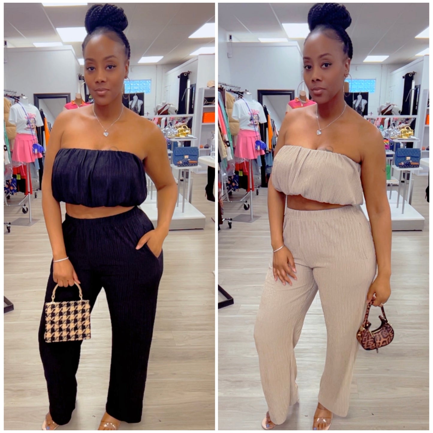 “Miracle” 2 Piece Crinkled Bandeau Wide Leg Pant Set