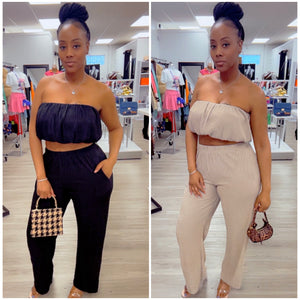 “Miracle” 2 Piece Crinkled Bandeau Wide Leg Pant Set