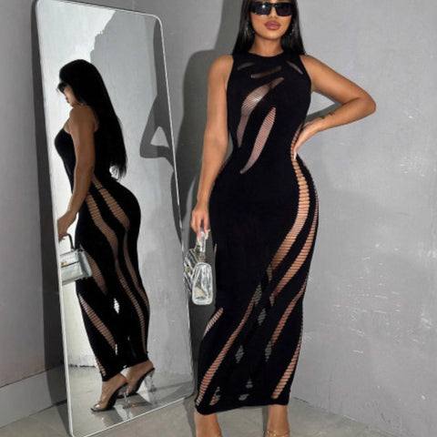 “Foxy” Black Fishnet Sleeveless Maxi Dress