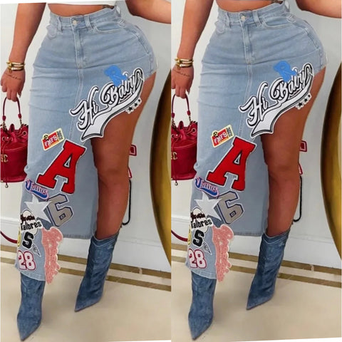 “Patched” Denim Asymmetrical patchwork Skirt