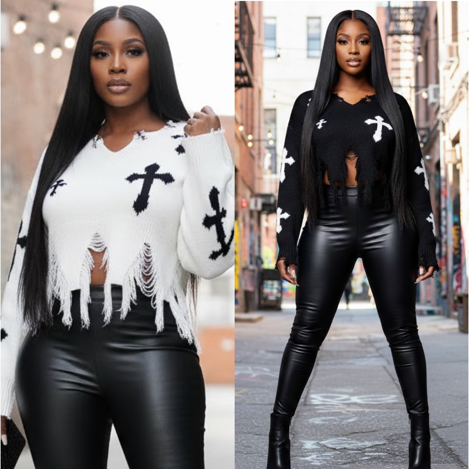 “Cross” Distressed Long Sleeve Lightweight Sweater