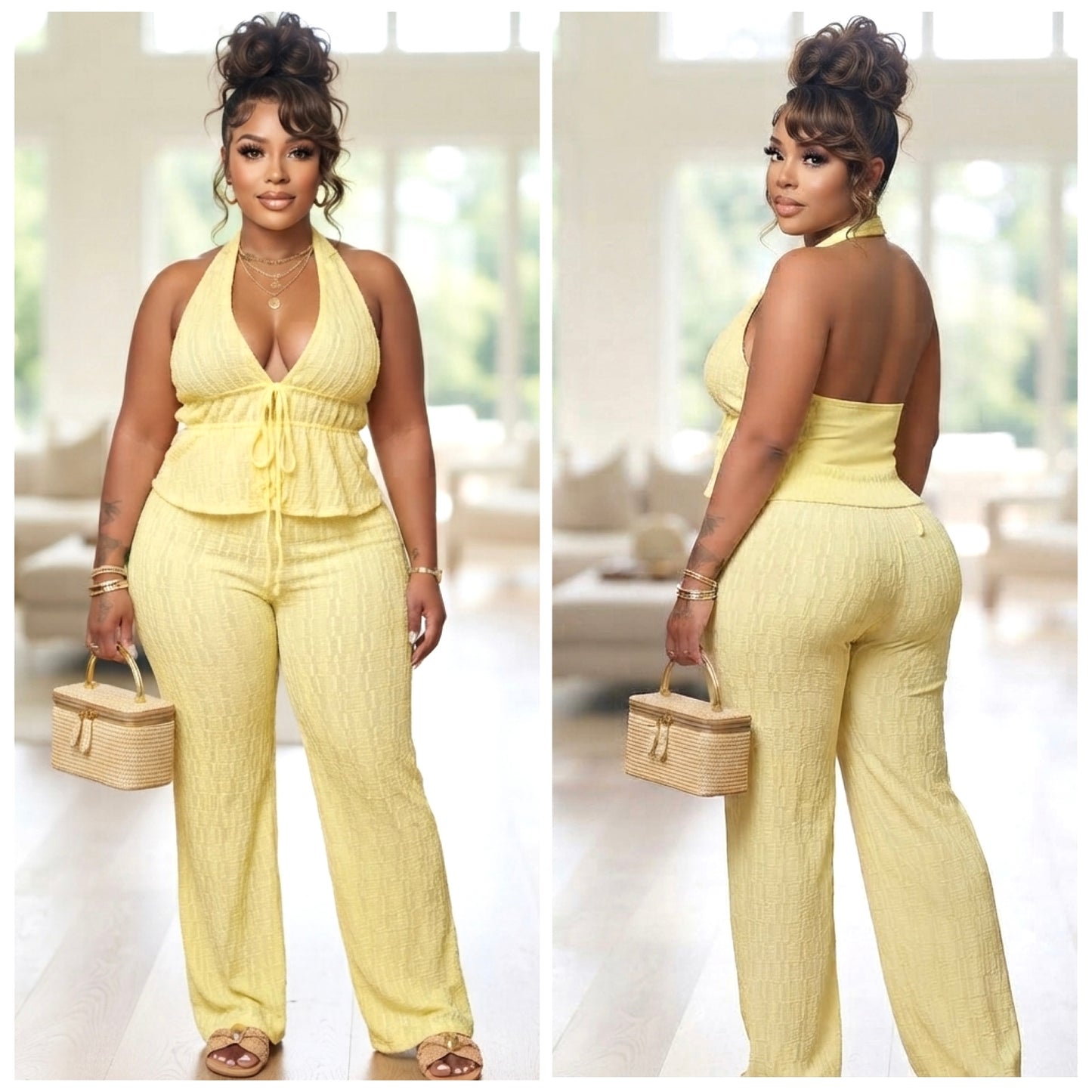 “Sunday” 2 Piece Yellow Halter Backless Stretch Pant Set